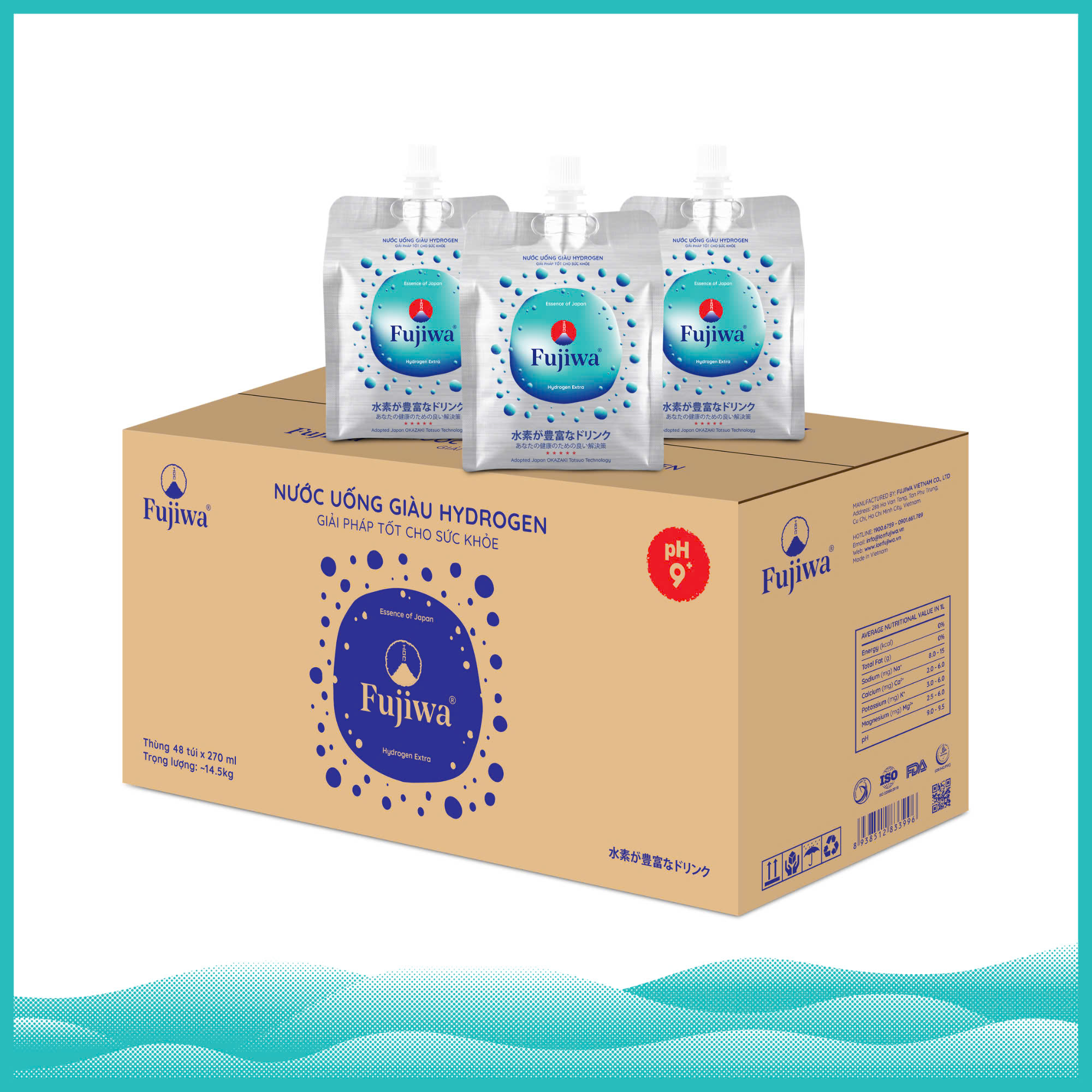 Nước Uống Ion Kiềm Giàu Hydrogen Cao Cấp Fujiwa Dạng Túi Bạc 270ml hộp 12 túi  - Detox Nhanh Chống Oxy hoá Mạnh