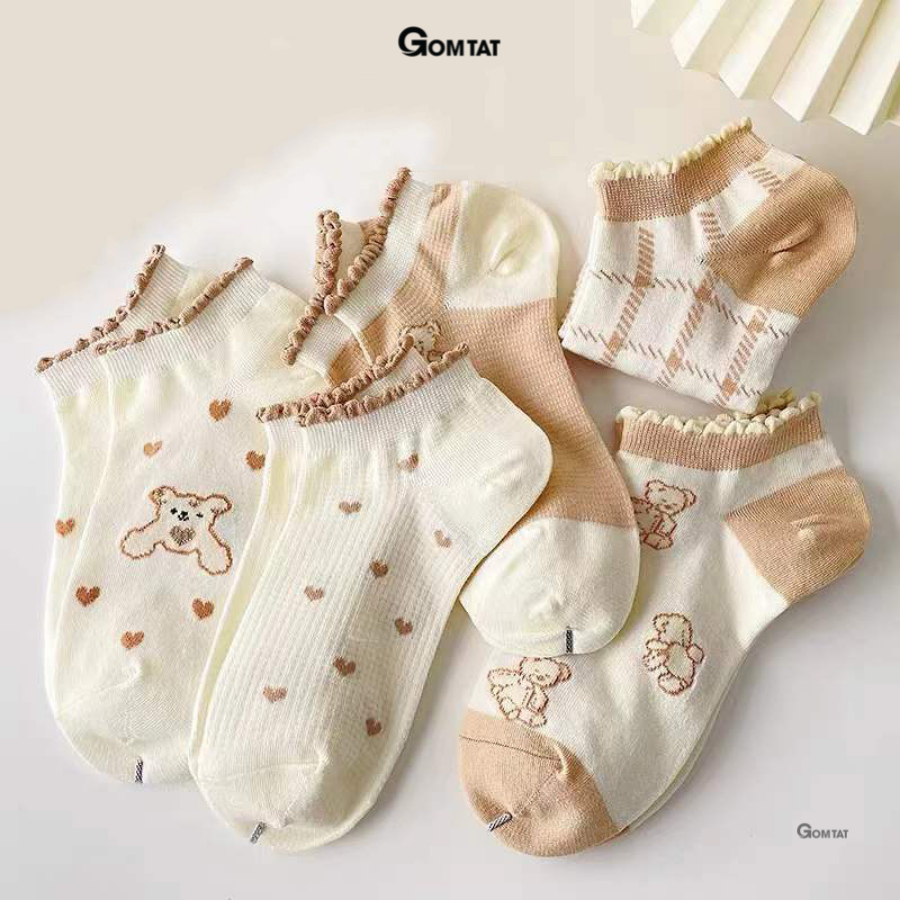 Set 5 đôi vớ nữ cổ ngắn GOMTAT họa tiết màu nâu dễ thương, chất liệu mềm mỏng thoáng mát, êm chân - CB086