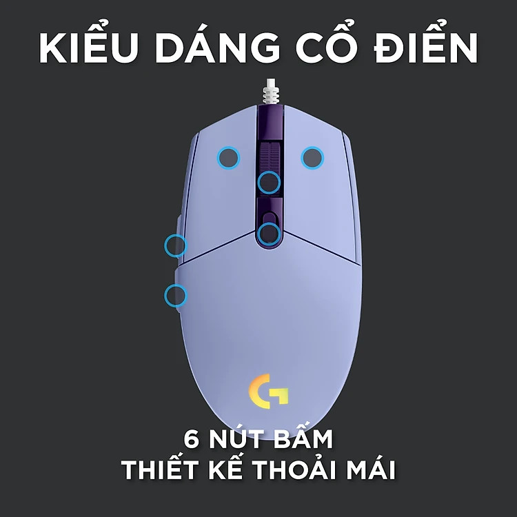 Chuột game có dây Logitech G203 Lightsync màu Tím Lilac (910-005853) - Tùy chỉnh RGB, 6 nút lập trình, nhẹ, 8000 DPI, PC/Mac - Hàng chính hãng