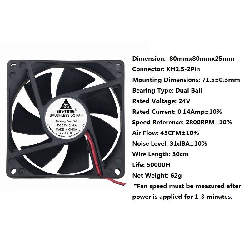 Gdstime 1 Piece DC 24V Dual Ball 80mm x 25mm 8cm 2Pin Heatsink Case Cooling Fan 80*80*25mm 8025 PC Brushless Motor Cooler