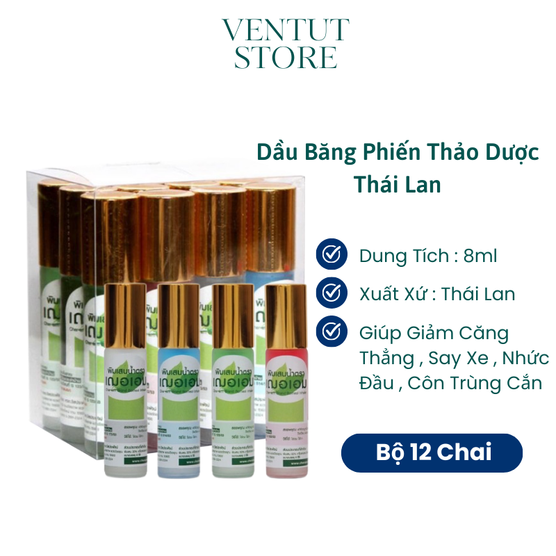 Bộ 12 Chai Dầu Lăn Băng Phiến Thảo Dược Cher Aim Brand Borneol Inhaler Thái Lan 8ml -5ml