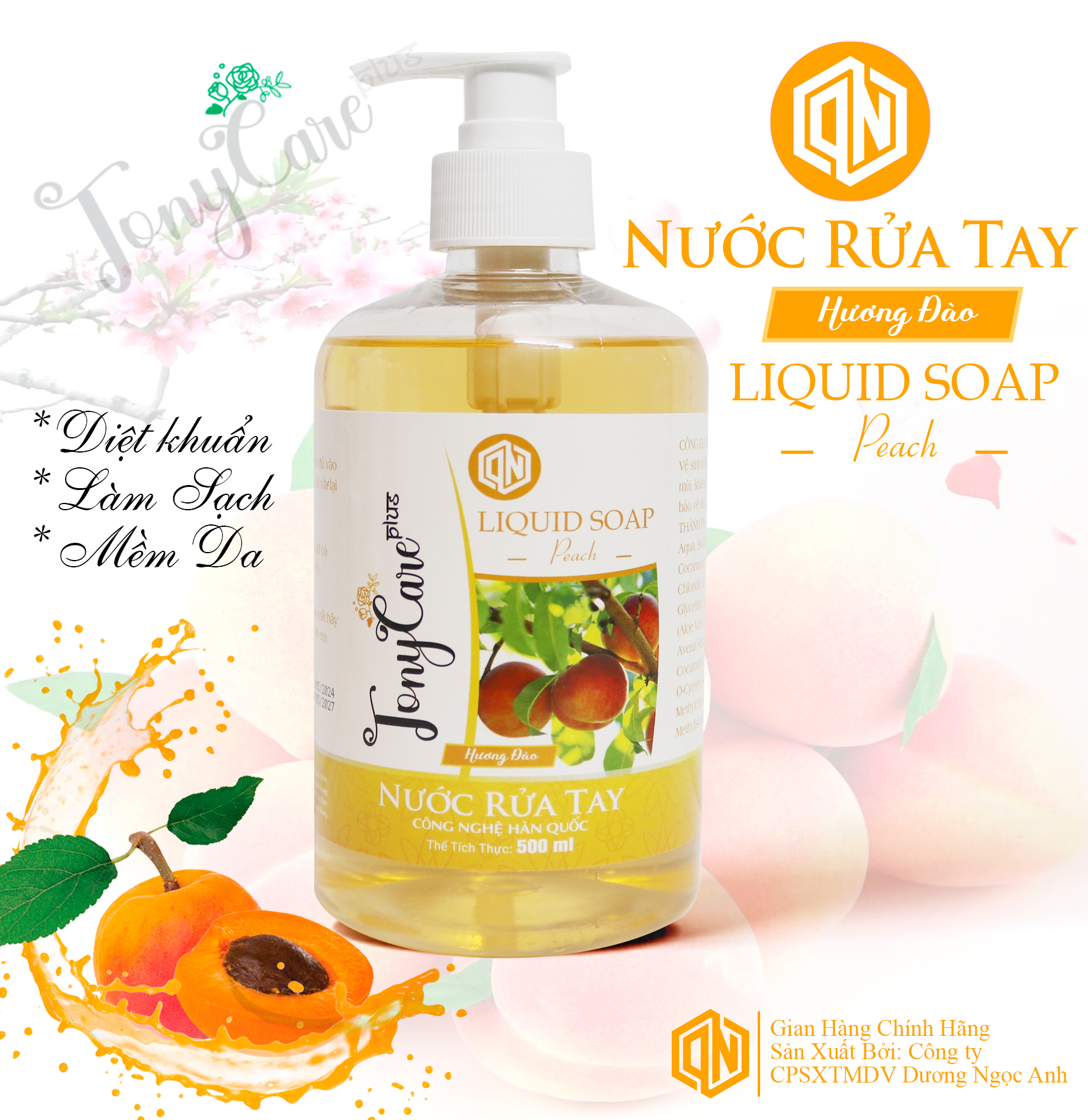 Nước rửa tay Tonycare 500ml Hương Đào – Diệt khuẩn, hương tươi mát, dưỡng ẩm da tay – Chính hãng Tonycare