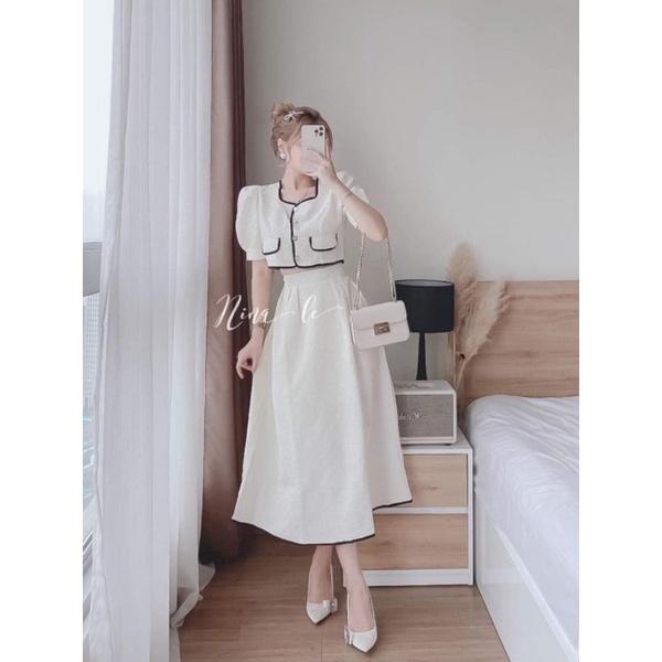 SET ÁO CROPTOP VIỀN XỐP VỚI CHÂN VÁY DÀI
