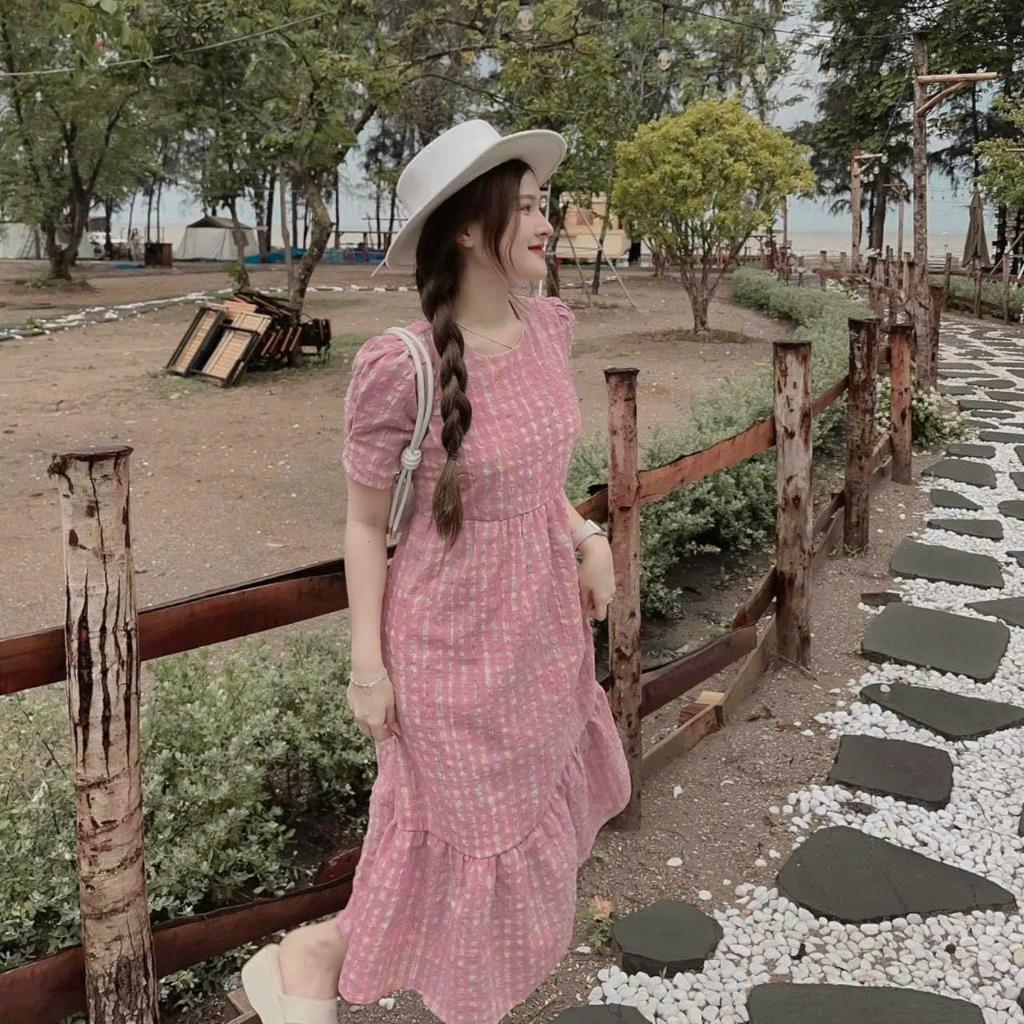 Đầm suông xốp caro cổ tròn đuôi cá siêu xinh