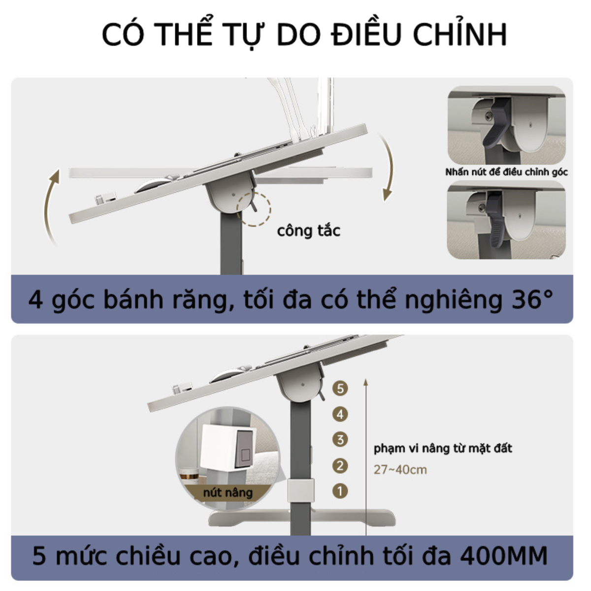 Bàn làm việc ngồi giường mặt bàn kích thước nhỏ gọn có ổ cắm tiện lợi thông minh, bàn học đa năng nâng hạ chiều cao chân khung nhôm