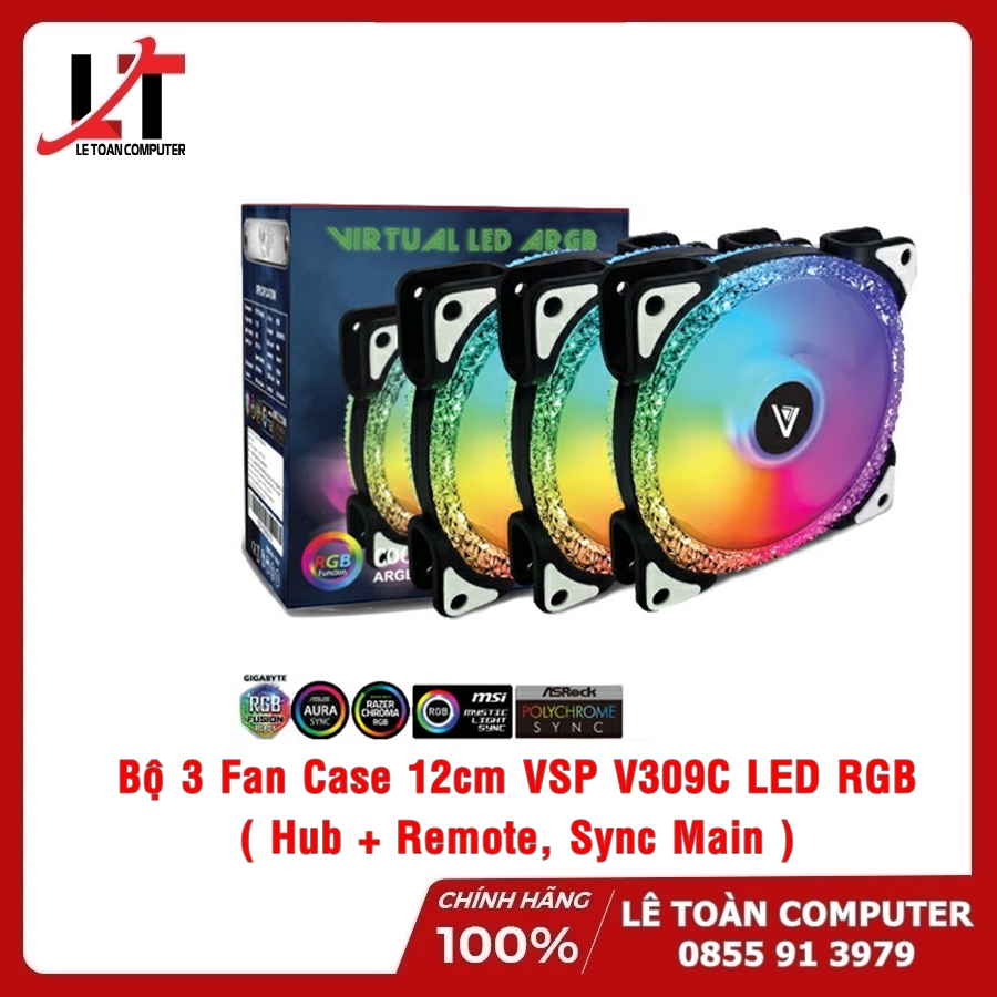 Bộ 3 Fan Case 12cm VSP V309C LED RGB (Kèm Hub + Remote, Sync Main) - Hàng Chính Hãng