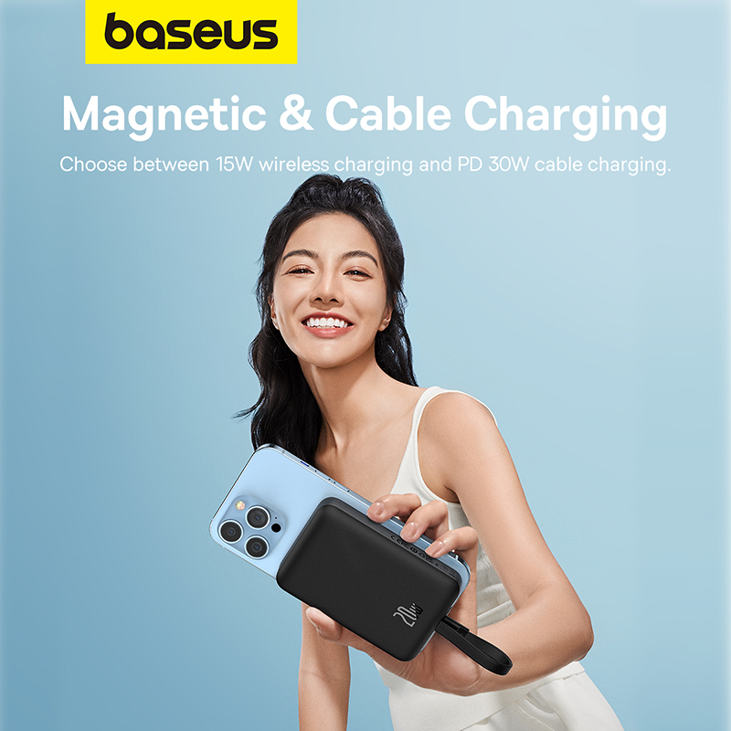 Pin Sạc Không Dây Tích Hợp Nam Châm Baseus Magnetic Mini Wireless 10000mAh 20W (tích hợp sẵn cáp IP) - Hàng chính hãng