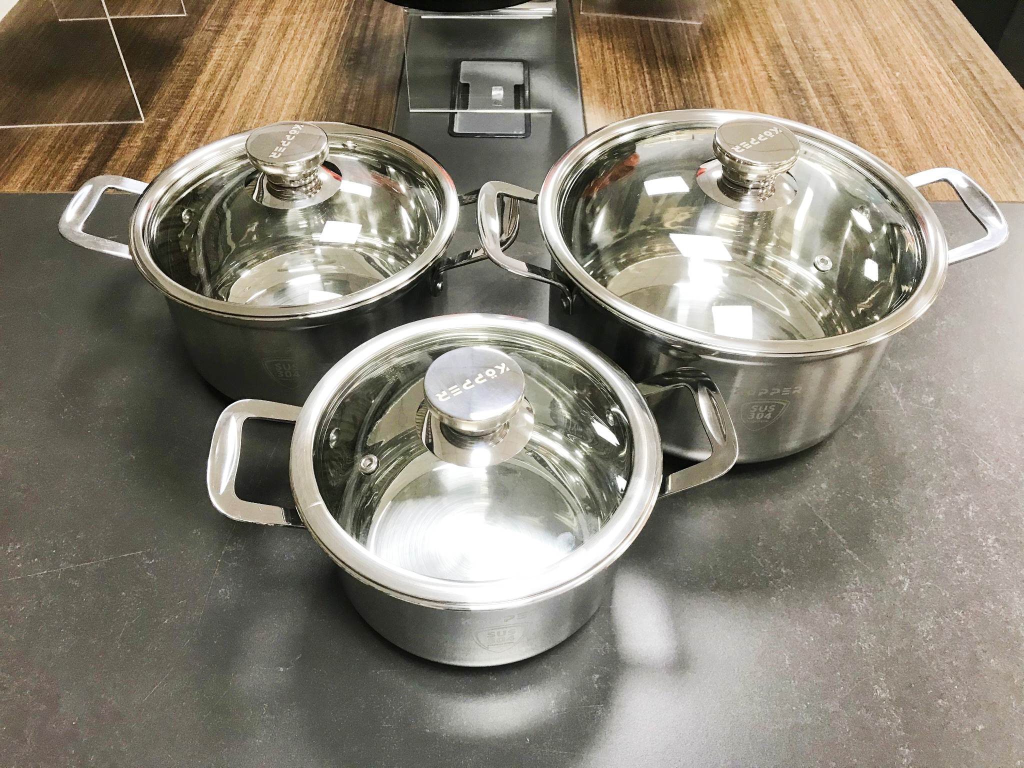 Bộ Nồi Inox 304 Cao Cấp 5 Đáy KOPPER - 3 Món Kích Thước 18 - 20 - 24 cm.