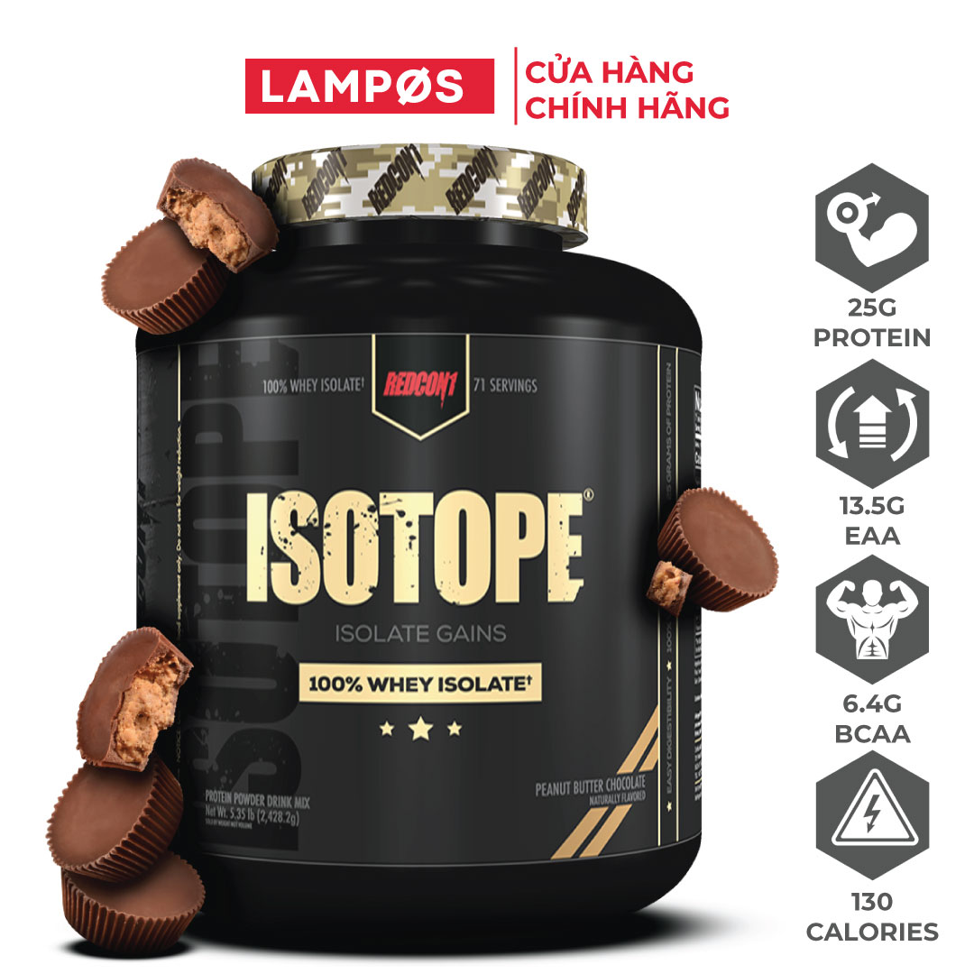 Redcon1 Isotope Whey Isolate (71 Serings), Hỗ Trợ Tăng Cơ - Đốt Mỡ, Hấp Thu Nhanh, Bổ Sung 25g Protein, 13.5g EAA, 6.4g BCAA, Không Lactose, Hộp 5Lbs (2.4Kg)