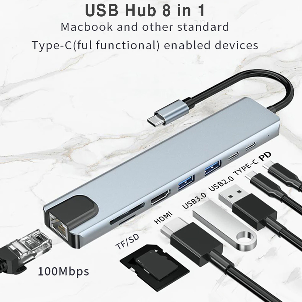 Vinetteam Hub USB TYPE-C 8 Cổng HDMI 4K 60Hz/ USB 3.0/ TF/ SD/ RJ45 100Mbps Dành Cho Macbook, PC Và Devices - Hàng Chính Hãng