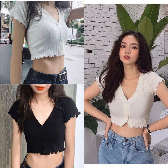 Áo Croptop Cổ Tim Cuốn Biên Màu Tím, Đen, Trắng