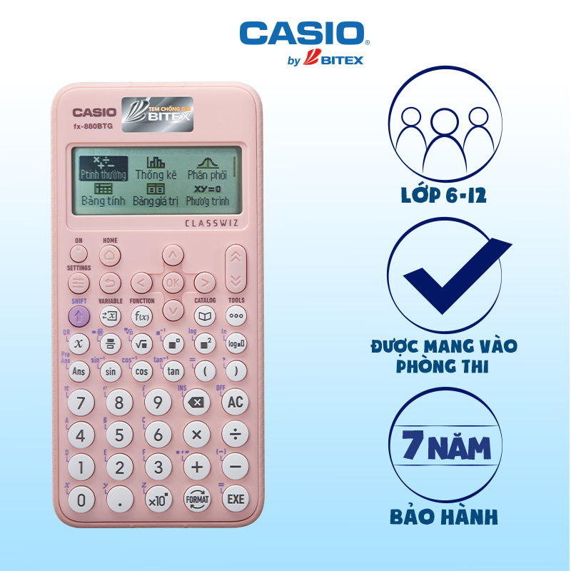 Máy tính học sinh Casio Fx-880BTG màu hồng dành cho học sinh cấp 2 cấp 3 lớp 6 đến lớp 12 chuyên dụng mang vào phòng thi