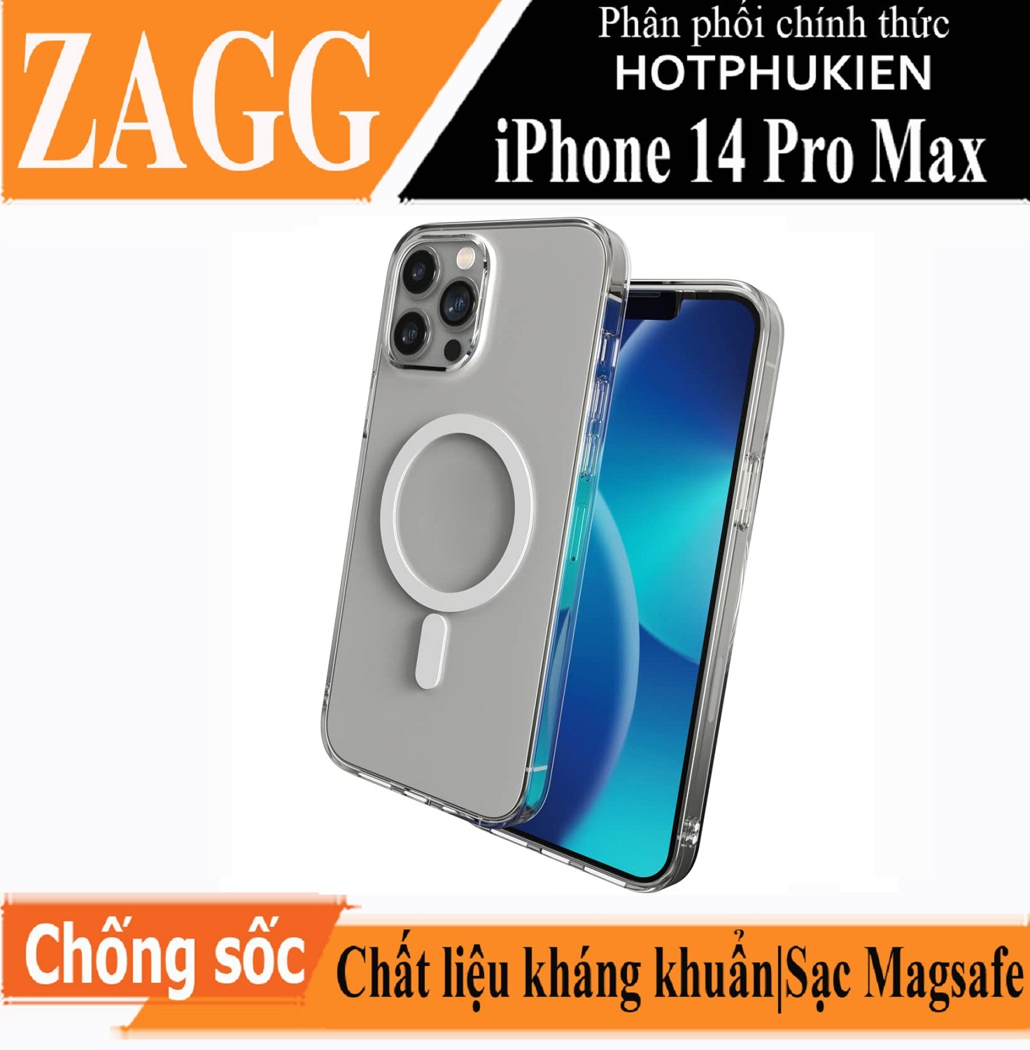 Ốp lưng kháng khuẩn chống sốc hỗ trợ sạc Maqsafe cho iPhone 14 Pro Max hiệu ZAGG Gear4 Crystal Clear Case - hàng nhập khẩu