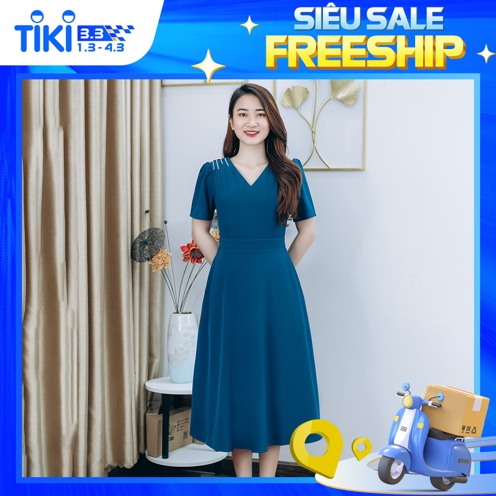 Đầm xòe thiết kế trung niên sang trọng quý phái Cổ tim tay ngắn kết đá màu Xanh cổ vịt TTV STORE TTV1250