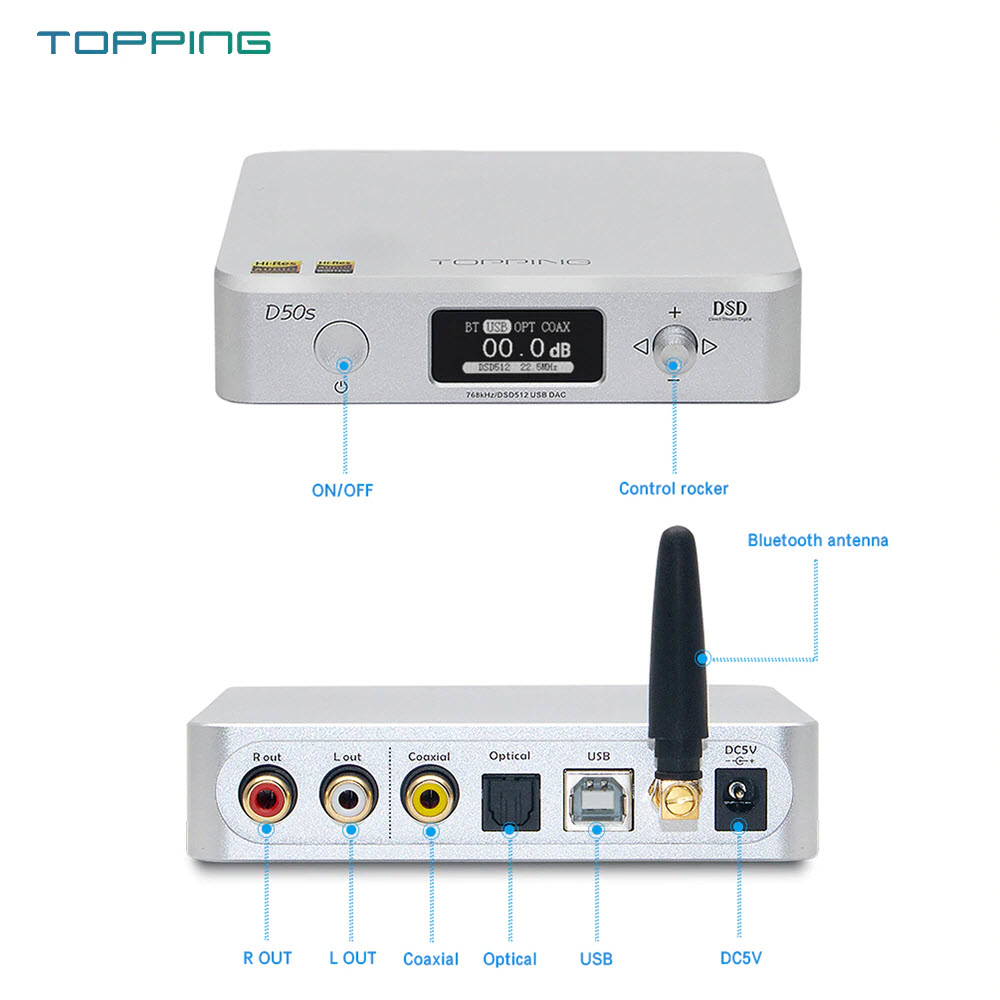 Thiết Bị Giải Mã Âm Thanh DAC Topping D50s Chuyên Dùng Cho Hệ Thống Âm Thanh Gia Đình, Trên Ô Tô Tích Hợp Bluetooth 5.0 Nghe Nhạc Lossless DSD512 32bit - Hàng Chính Hãng