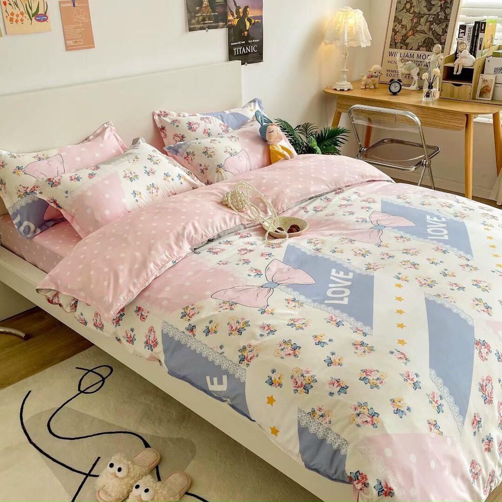 Bộ chăn ga gối Cotton Poly M2T bedding Cánh hồng, vỏ chăn mền, drap giường và 2 vỏ gối