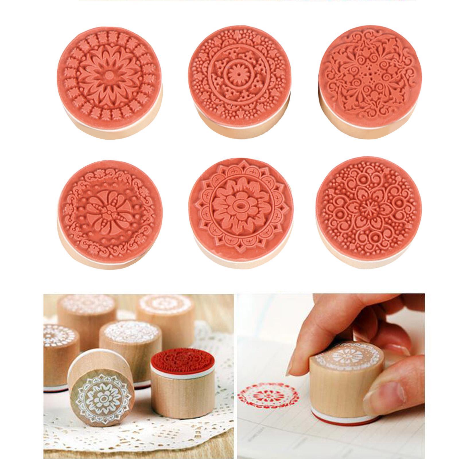 6Pcs Wooden Stamp Decorative Stamp English Rubber Stamp Set Circular Wooden Rubber Stamp Durable for Card Making Wooden Retro Pattern Stamp
