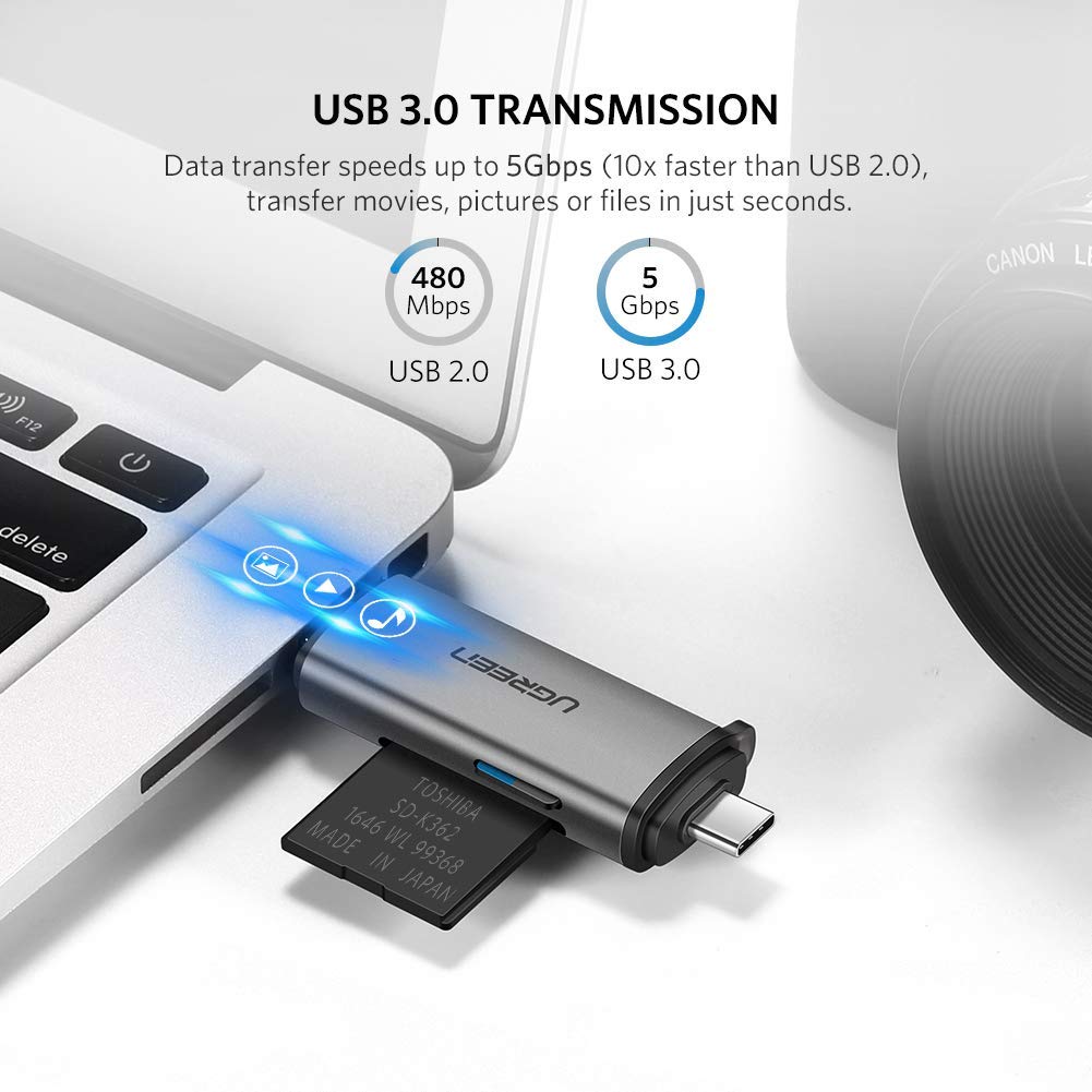 Đầu đọc thẻ nhớ SD/TF chuẩn USB Type C và USB 3.0 Ugreen 50706 chính hãng- hàng chính hãng