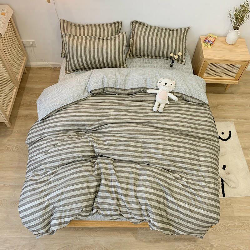 Bộ chăn ga gối Cotton poly M2T Bedding Xám sọc, vỏ chăn mền, drap nệm và 2 vỏ gối