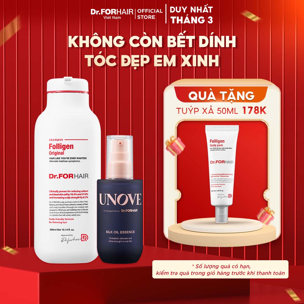 Combo gội dưỡng hỗ trợ mọc tóc nuôi dưỡng tóc và da đầu Dr.FORHAIR Folligen Original Shampoo 300ml x Unove Silk Oil Essence 70ml