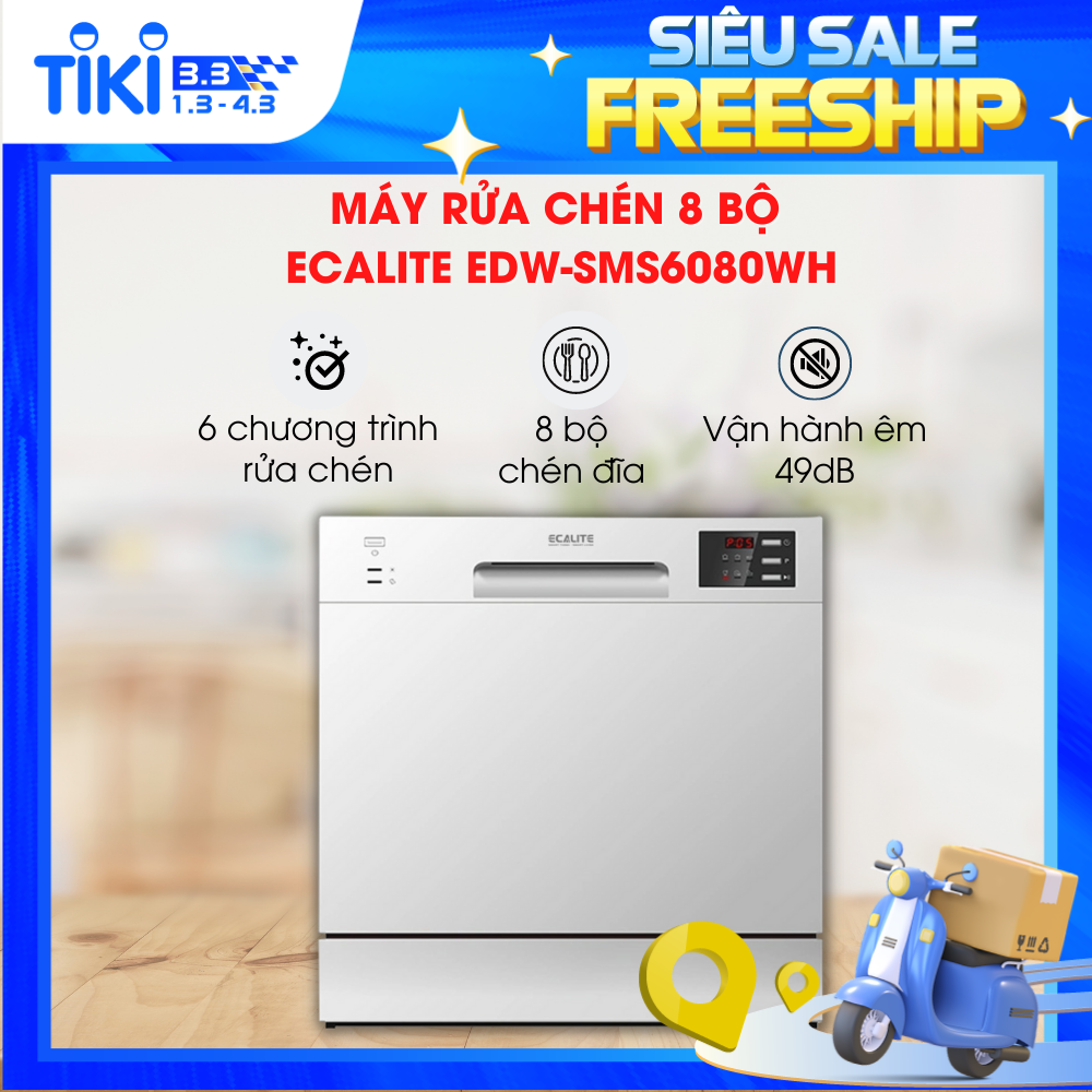 Máy Rửa Chén Ecalite EDW-SMS6080WH (Trắng) - 8 Bộ - 6 Chương Trình Rửa - Hàng Chính Hãng