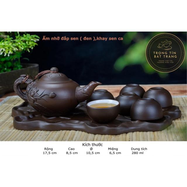Bộ Ấm Chén Trà Đạo Gốm Tử Sa Bát Tràng Đắp Nổi Hoa Sen Dáng Tiêu Anh Dung Tích 220ml ATSML 01.2