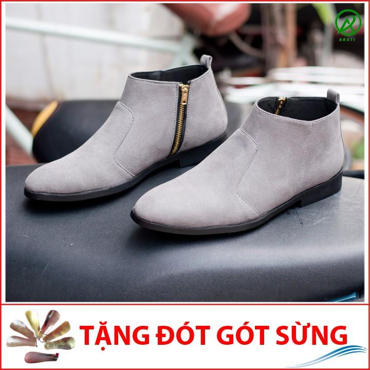 Giày Chelsea Boot Nam Cổ Khóa Rất Dễ Xỏ Da Búc Màu Xám Cực Đẹp - CB521-bucxamkhoa(ĐG)-Kèm Đón Gót Sừng