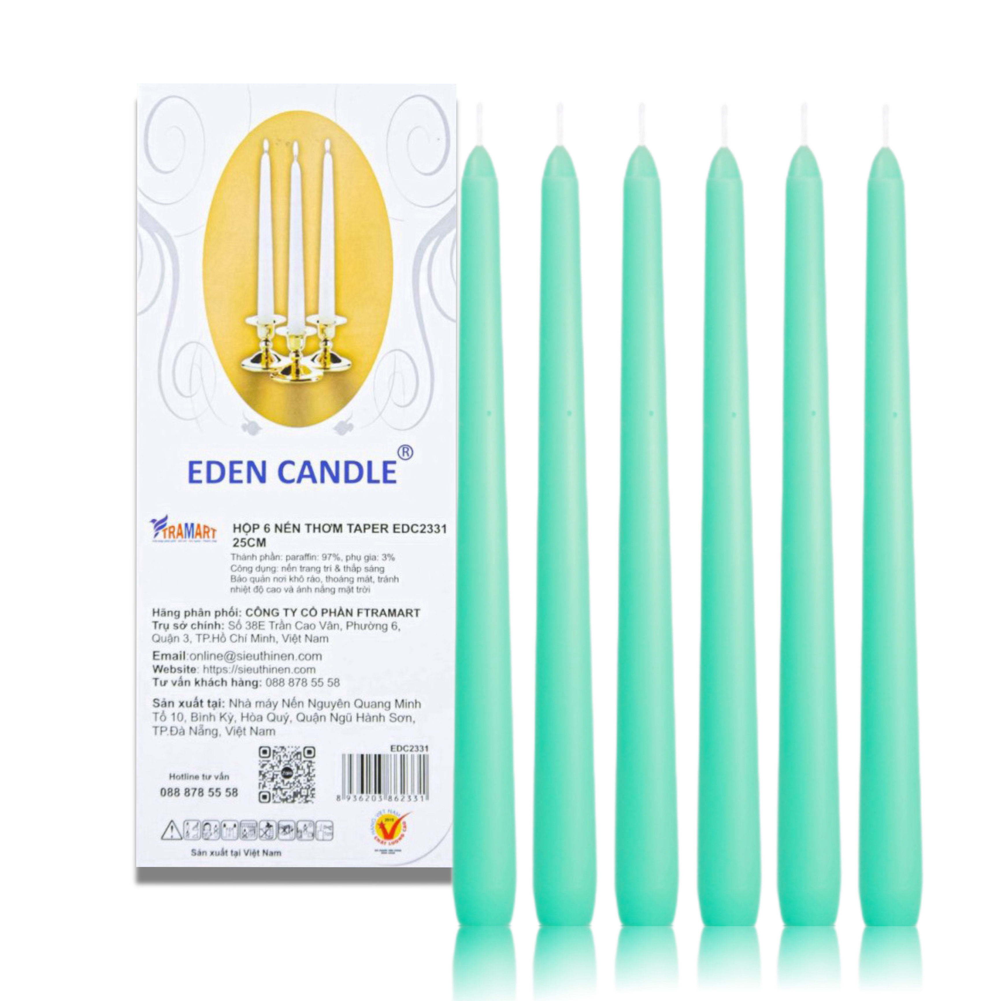 [Hộp 6 nến] Nến thơm taper Eden Candle FTRAMART EDC2331 (Xanh ngọc bích), cao 25 cm, phù hợp tất cả các chân nến theo tiêu chuẩn nến taper