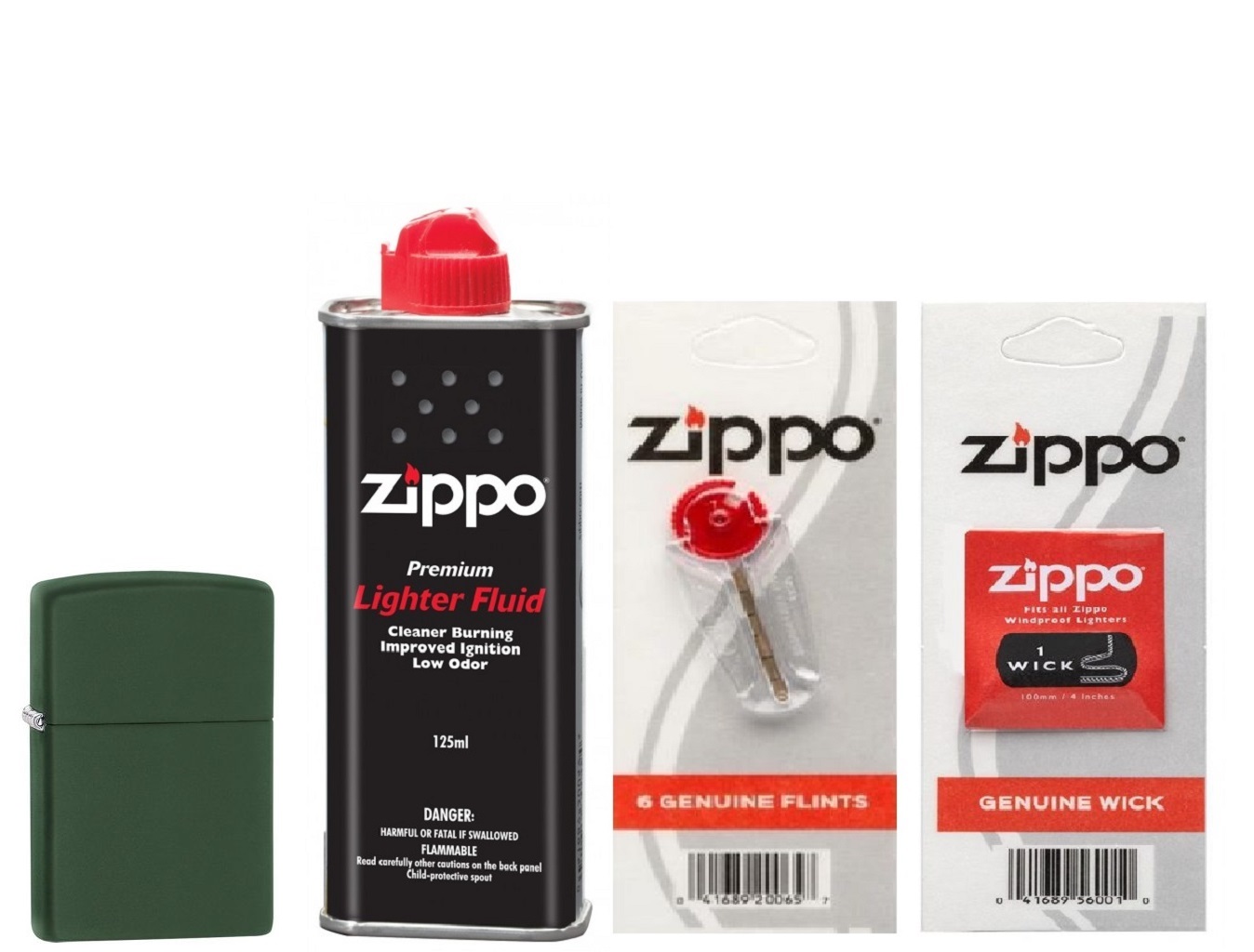 Bộ 4 Sản Phẩm: Bật Lửa Zippo Classic Matte Green 221+Xăng+Đá+Bấc