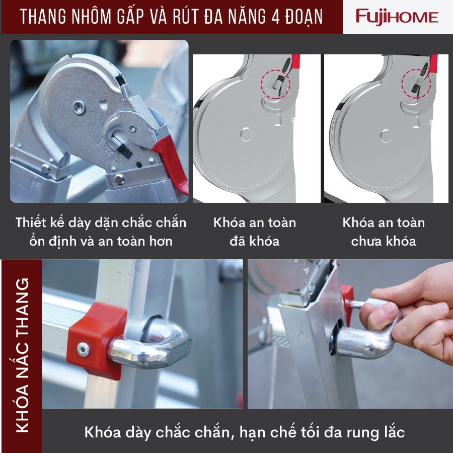 Thang nhôm FUJIHOME ML44 gấp và rút đa năng 4 đoạn, Cao tối đa 4m, Xếp nhiều hình dáng