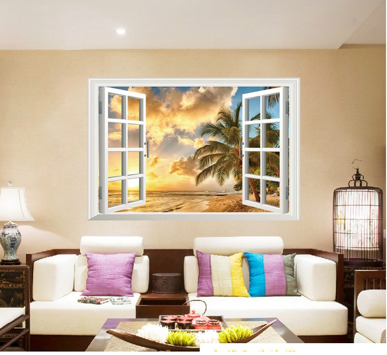 Decal dán tường Cửa sổ 3D Hoàng hôn trên biển DCS025