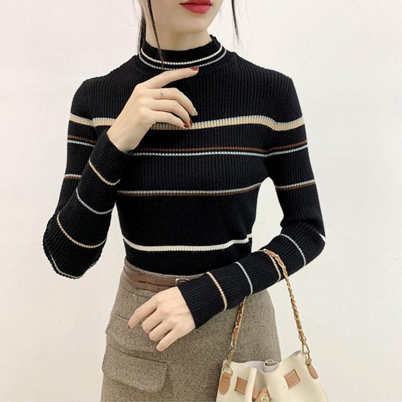 Áo thun dệt kim nữ tay dài cổ lọ kẻ sọc thời trang