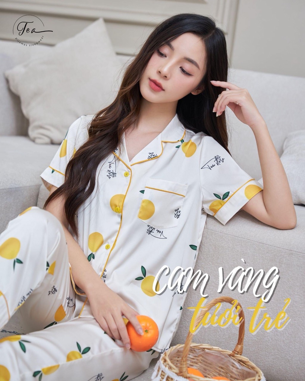 Bộ mặc nhà Pyjama lụa cao cấp Tea Store tay ngắn quần dài họa tiết quả cam xinh xắn