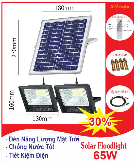 Đèn năng lượng mặt trời 2 bóng, Đèn pha Led năng lượng mặt trời 65w, 120W, 200W, chính hãng sáng 10-12h không tốn điện cảm biến ánh sáng, chống sét, chống nước IP67, vỏ nhôm nguyên khối