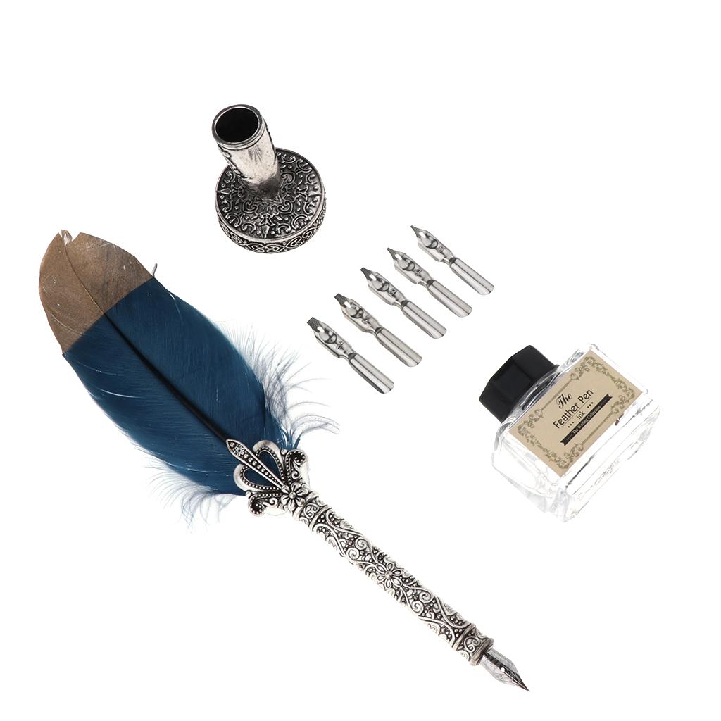 Antique Feather Dip Fountain Pen Calligraphy Set w Holder 5 Nib