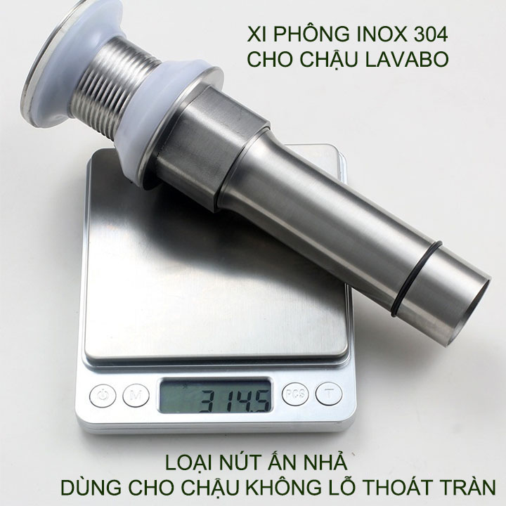 Xi phông chậu rửa mặt lavabo bằng inox 304, nút nhấn đóng xả, dùng cho chậu không lỗ thoát tràn