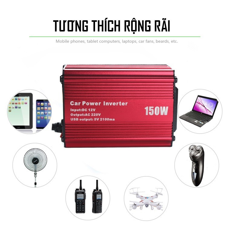 Bộ Chuyển Đổi Nguồn Điện DC 12V Sang AC 110V/220V 150W Cho Xe Ô Tô Cao Cấp -Hàng Nhập Khẩu