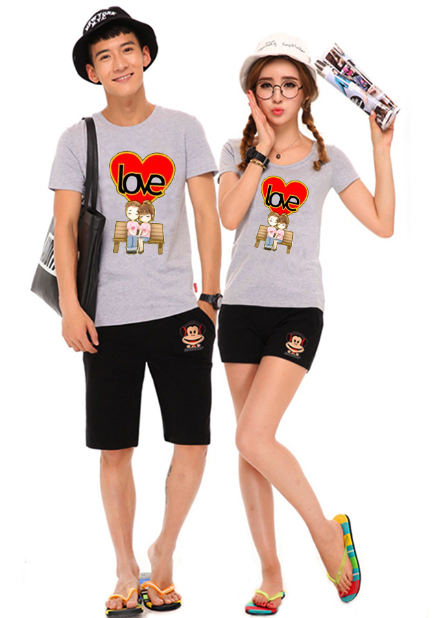 Bộ Áo Thun Đôi Nam Nữ Love Màu Xám