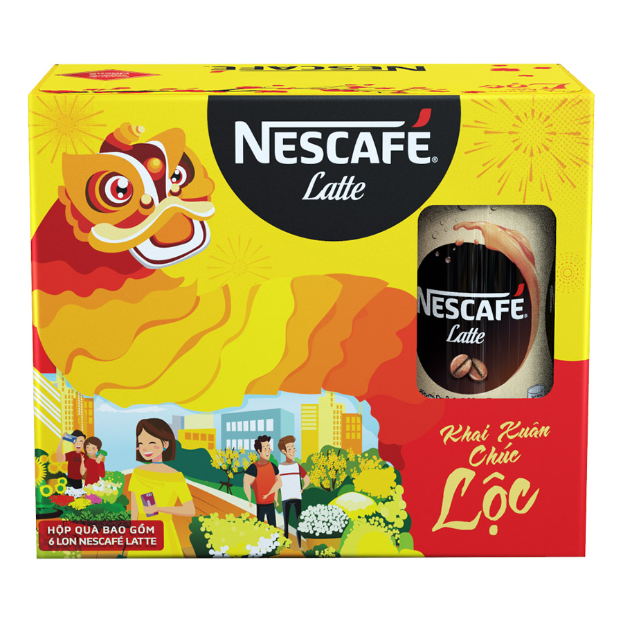Hộp Quà Tết Cà phê uống liền NESCAFÉ Latte Hộp 6 lon x 180ml 