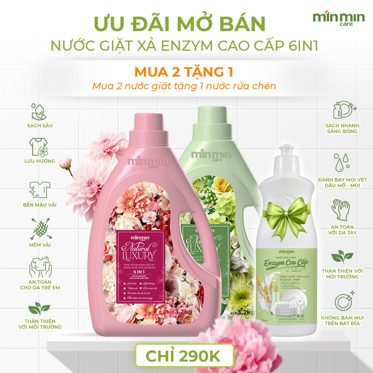 Combo 2 Can Nước Giặt Xả Luxury Min Min Care Mix Màu Xanh Và Màu Hồng 6.4Kg Tặng 1 Chai Nước Rửa Bát Sinh Học 750ml