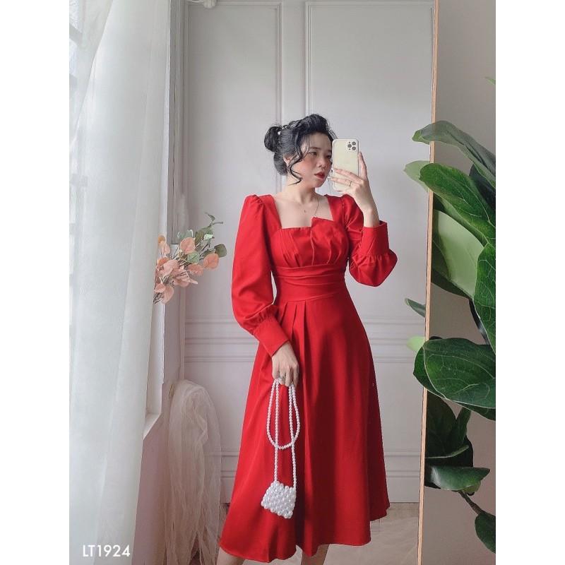 Đầm Midi Xếp Li Ngực Tay Bồng