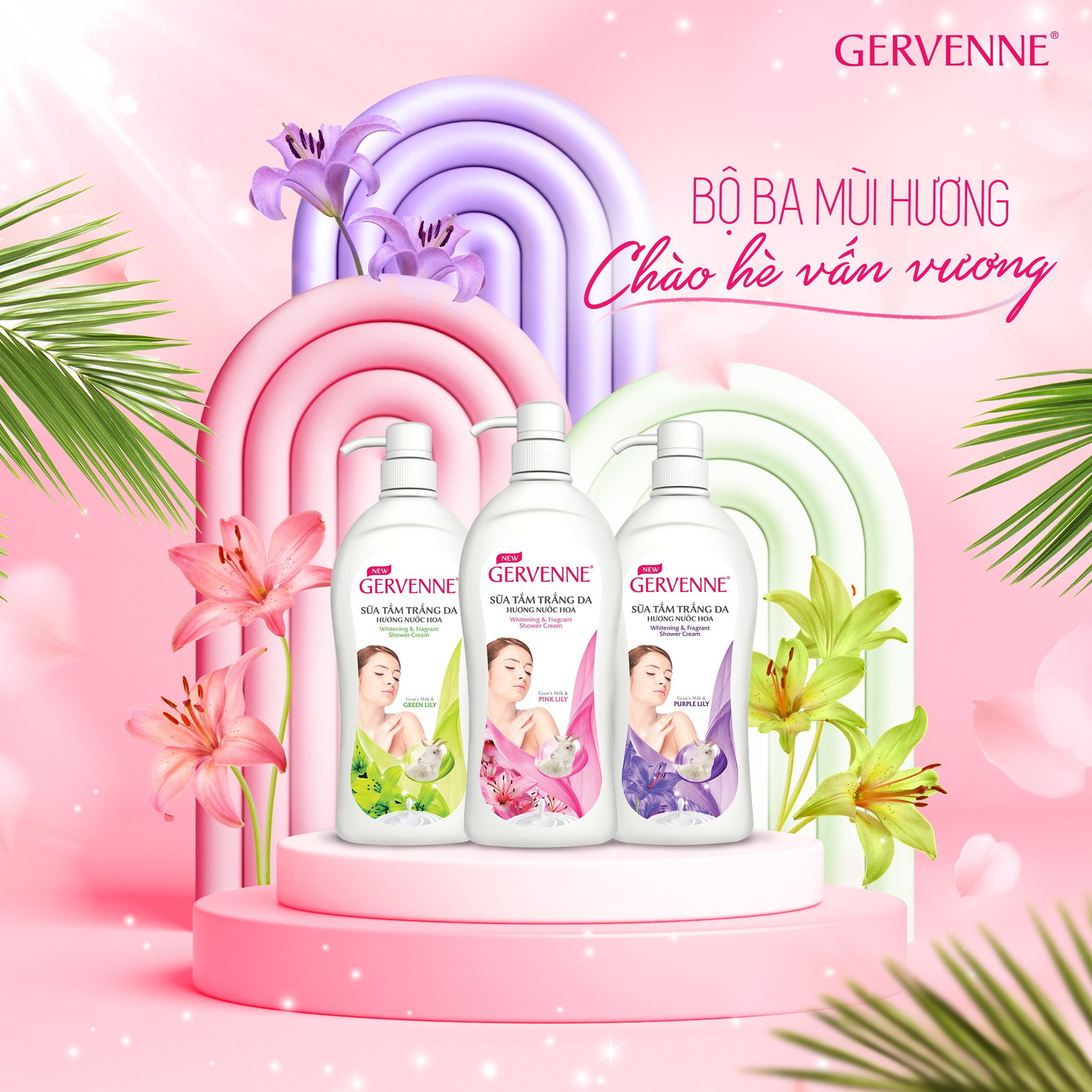 Gervenne Combo 2 Sữa tắm Trắng da Hương nước hoa Lily 900gr/chai (1 Green, 1 Purple)