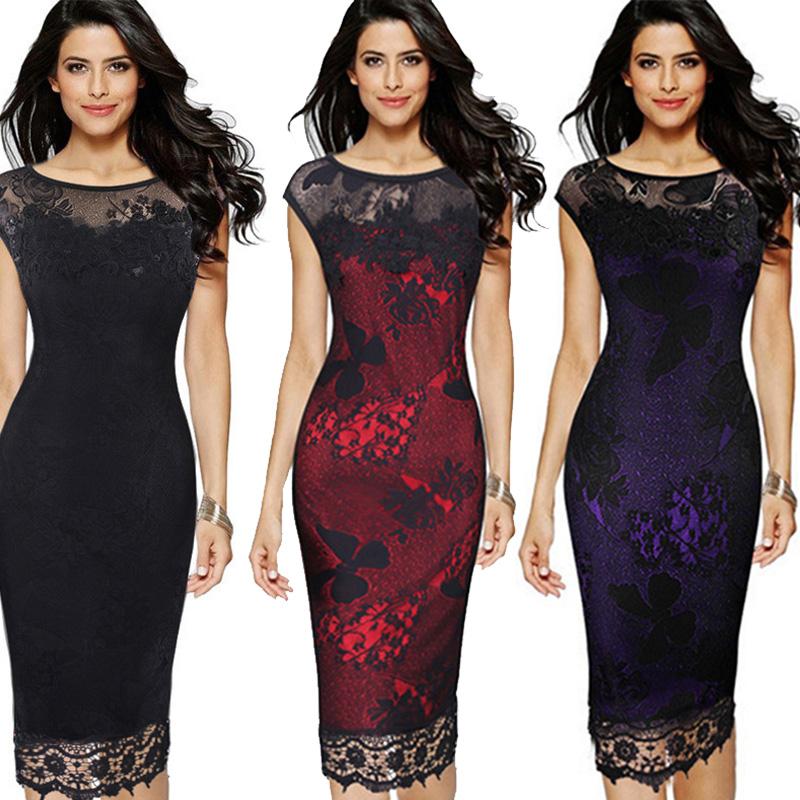 Sexy Women Crochet Lace Dress O Neck Floral Butterfly Embroidery Sleeveless Lined Zipper Evening Party Night Club