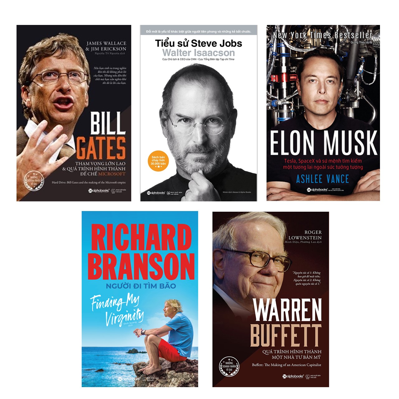 Combo Doanh Nhân Nổi Tiếng Thế Giới: Bill Gates + Steve Jobs + Elon Musk + Richard Branson + Warren Buffett