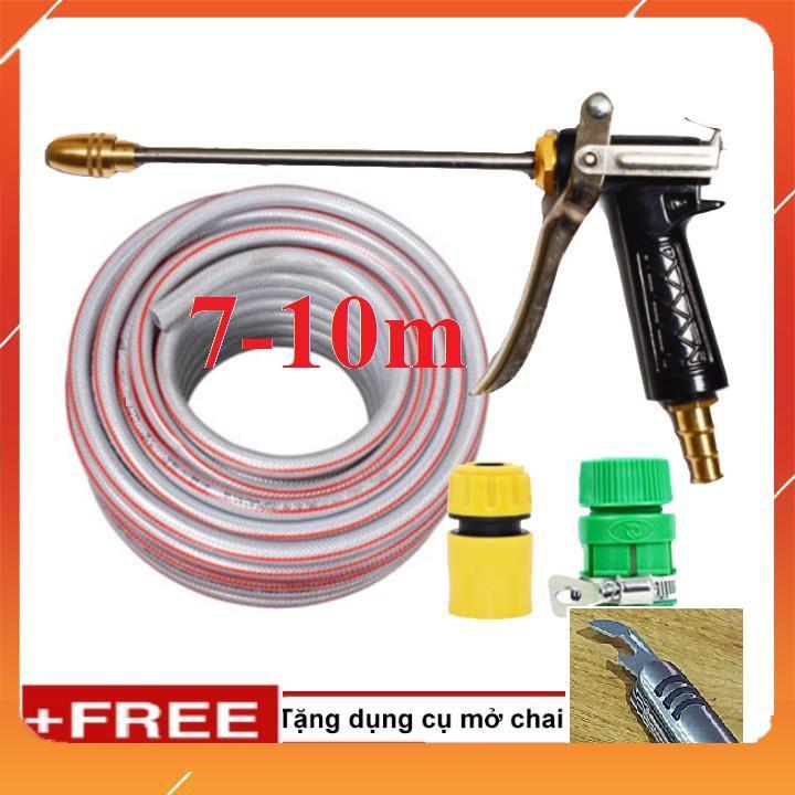 Bộ dây vòi xịt nước rửa xe, tưới cây . tăng áp 3 lần, loại 7m, 10m 206318 đầu đồng,cút,+ tặng mở chai