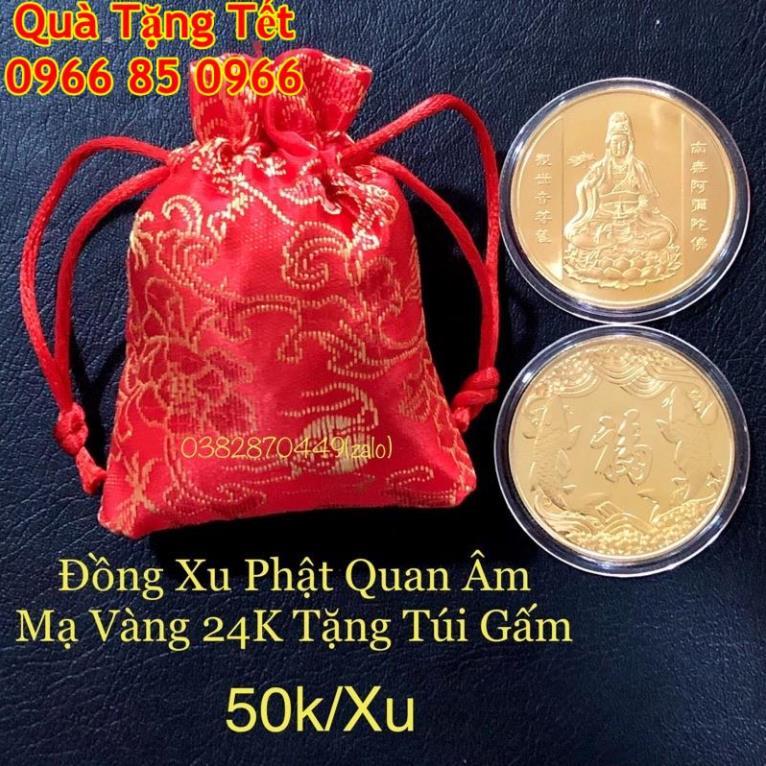 Đồng Xu Phật Quan Âm Bình An May Mắn Tặng Móc Khóa, Túi Gấm Phong Thuỷ