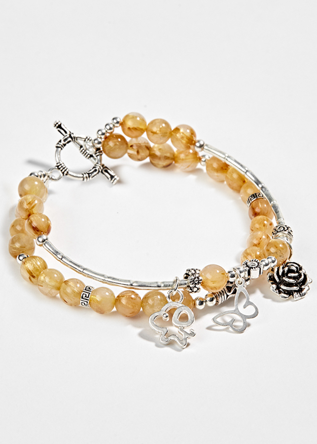 Vòng 2 Line Thạch Anh Tóc Vàng Phối Charm Hoa Bạc Ngọc Quý Gemstones