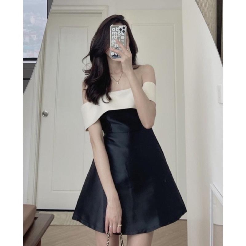 Đầm đen bẹt vai gấp trắng đính nơ lưng to