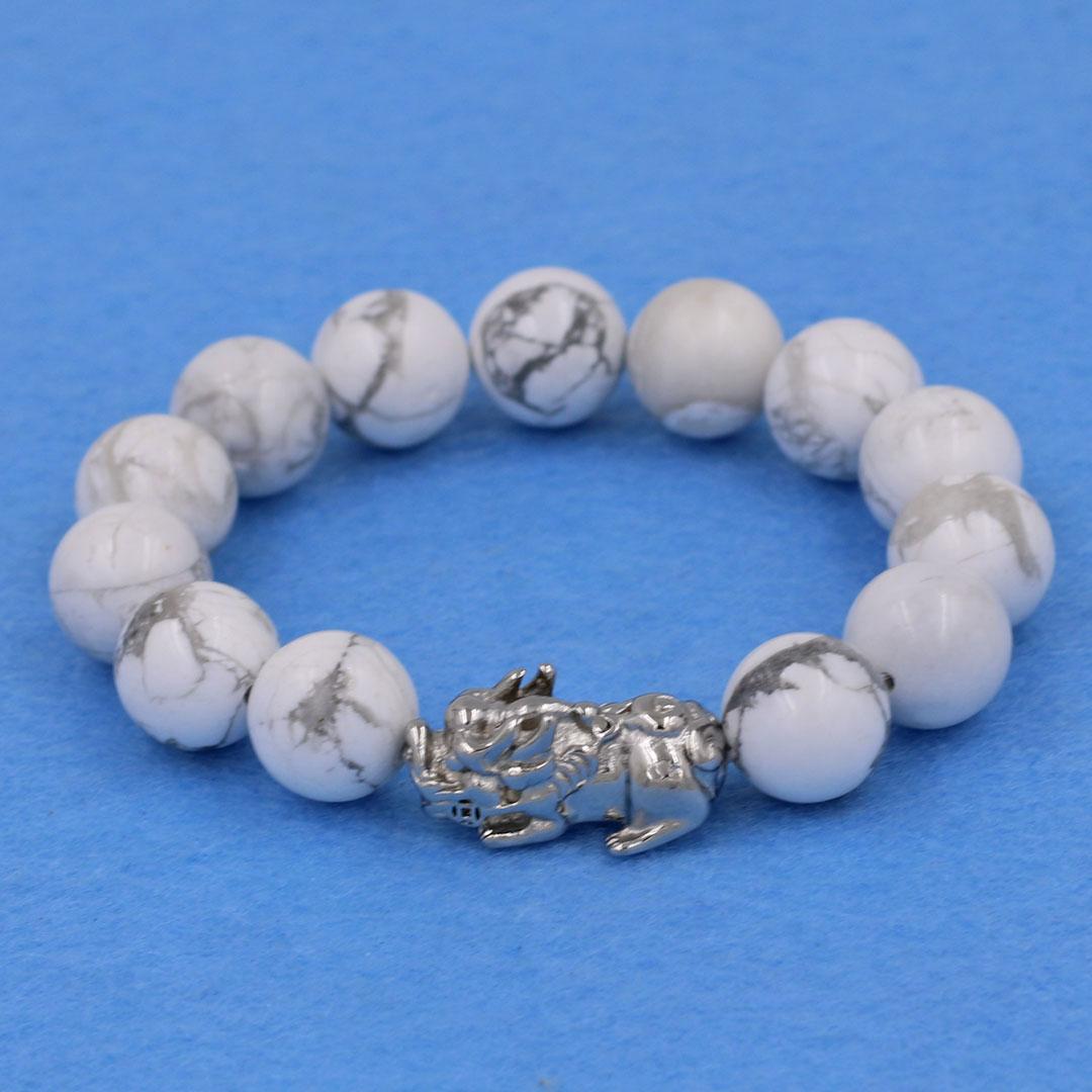 Vòng tay đá White Howlite 12 ly - cẩn Tỳ Hưu inox bạc VWHLTHT12 - hợp mệnh Kim, mệnh Thủy
