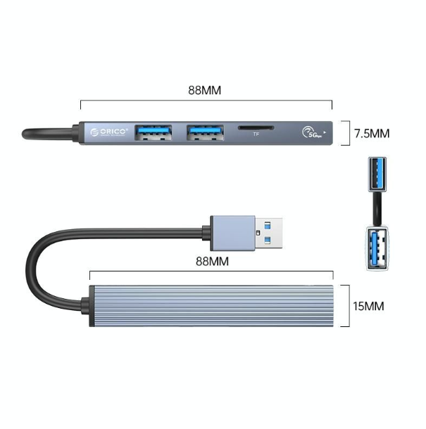 Hub USB ra 3 cổng USB 3.0 và 2.0 kiêm đầu đọc thẻ nhớ Orico AH-A12F-GY-BP - Hàng Chính Hãng